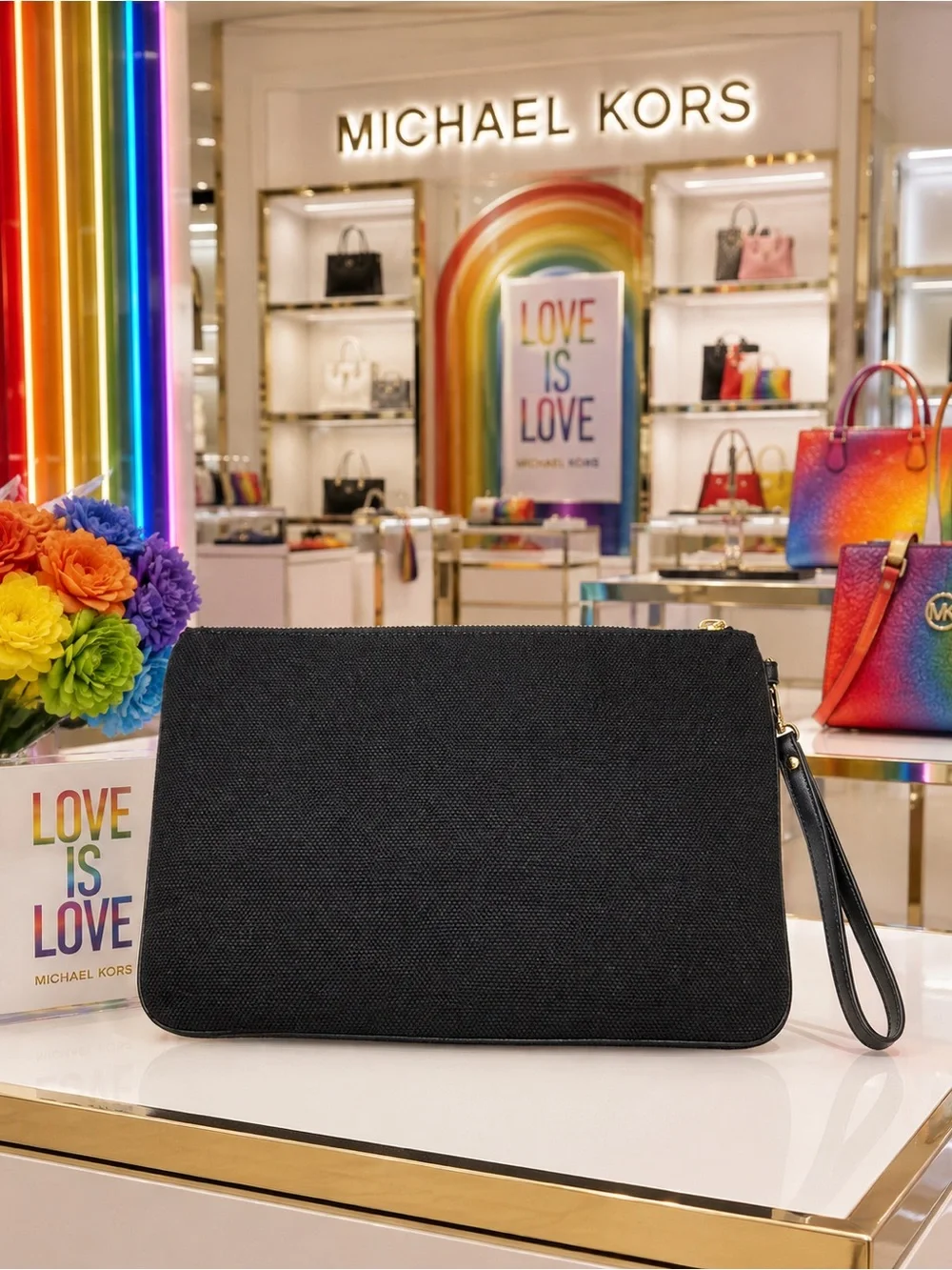 Michael Kors Black Wristlet Clutch with Rainbow Logo Patch